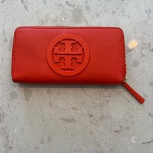 Tory Burch Orange Zip-Around Logo Leather Wallet